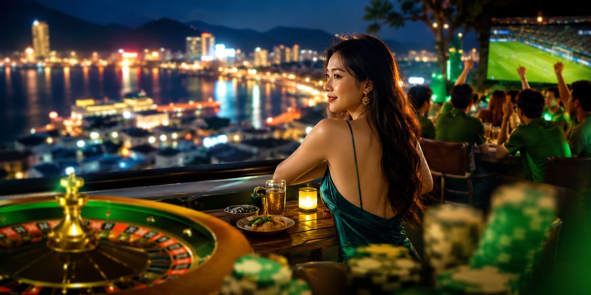 Bờ biển Nha Trang về đêm, người dùng thư giãn và tham gia roulette trực tuyến qua điện thoại